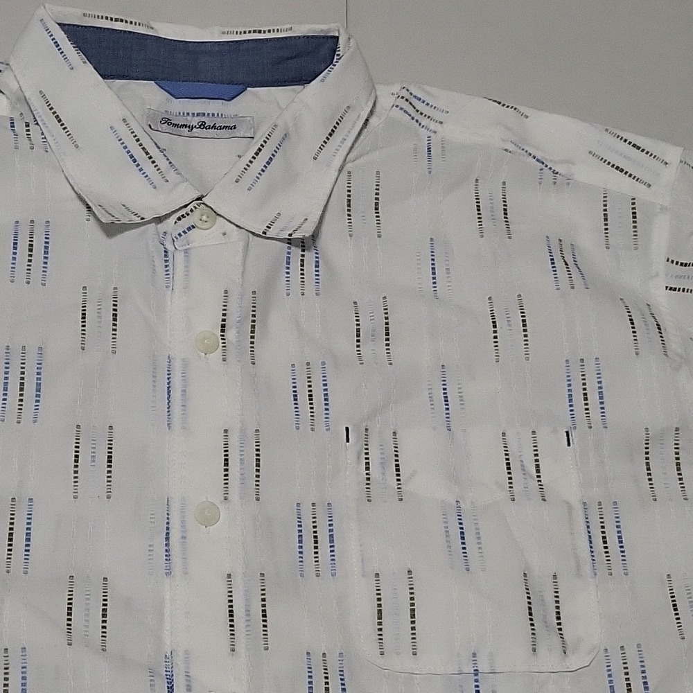 Tommy Bahama Men's Long Sleeve Button-Up Shirt White w/ Blue Blk Pinstripes XXL - Picture 2 of 6